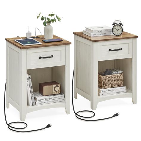 PRICES MAY VARY. [Farmhouse All-Rounder] Infuse charming farmhouse flair to your space with these end tables. The warm white and honey-brown hues create a cozy ambiance, whether serving as nightstands in the bedroom, side tables, or small coffee tables in the living room [Convenient Charging Station] Stay away from low battery alerts with our nightstands' built-in charging station. It includes 1 USB-A port, 1 USB-C port, and 2 AC outlets, providing a handy power source for your devices [Plenty o White Boho Nightstand, Bedside Table With Charging Station, Side Bedroom Tables, Fnaf Bedroom, Bed Side Table Ideas, Side Tables With Storage, Night Stand Bedroom, Bed Side Table Decor, Bedroom Side Tables