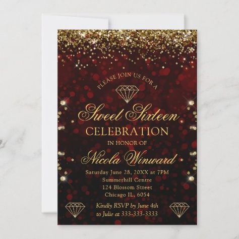 $2.09 | Dark Red Bokeh & Gold Glitter Sweet 16 - modern, gold confetti, bokeh, gold glitter, diamonds, birthday party, sweet sixteen, gold glitter sweet 16, red gold, red bokeh Glitter Sweet 16, Sweet 16 Invitations, Gold Confetti, Sweet Sixteen, Sweet 16, Red Gold, Gold Glitter, Dark Red, Confetti