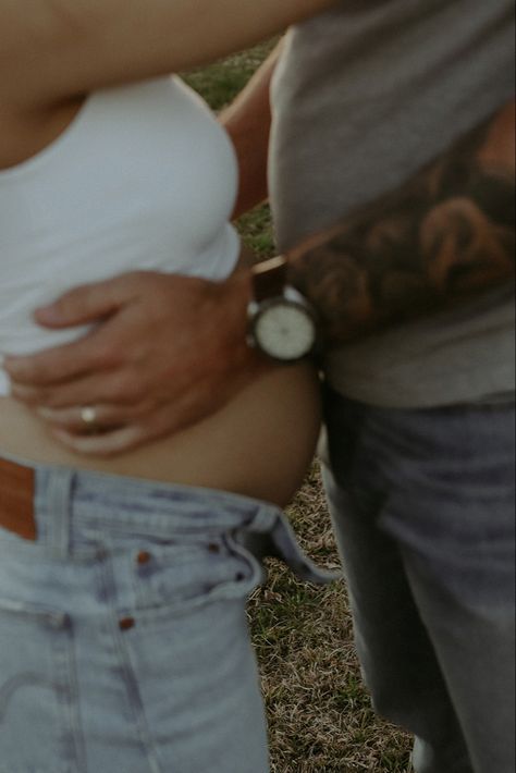 Blue Jeans And White Top Maternity Shoot, Jean Maternity Shoot Outside, Blue Jeans And White Shirt Maternity Shoot, Blue Hour Maternity Photoshoot, Jean Maternity Photos, Jeans And Bra Maternity Shoot Outside, River Maternity Pictures Couples, Maternity Photo Jeans, Unbuttoned Jeans Maternity Photos