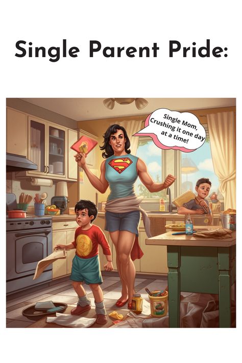 This pin shows a single mom cartoon-style, dressed as a superhero, in a household setting with her two children. She states, "Single mom: Crushing it one day at a time." It celebrates single parents and specifically single moms who are juggling career, parenting, and household, among other things, on a daily basis, mostly on their own. Thrive Life, Career Success, Extraordinary Life, Coaching Program, Single Parenting, Single Mom, Work Life Balance, Life Balance, Transform Your Life