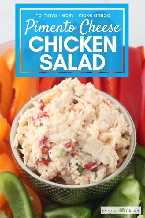 High in protein, this homemade Pimento Cheese Chicken Salad is a nourishing & tasty snack, salad, or lunch that will keep you full without much effort in the kitchen. Gluten free, easy recipe made without yogurt and no mayo for a healthy, make ahead option. #chickensalad #pimentocheese #healthychickensalad #mealprep Pimento Cheese Chicken, Snack Salad, Gluten Free Easy, Homemade Pimento Cheese, Salad Lunch, Healthy Chicken Salad, Cheese Chicken, Refreshing Food, Salad Recipes For Dinner