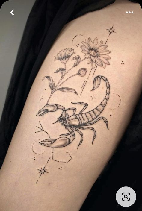 Astrology Scorpio Tattoo, Scorpio With Flowers Tattoo, Zodiac Tattoos For Scorpio, Scorpio Related Tattoos, Scorpio Patchwork Tattoo, Scorpio Fairy Tattoo, Scorpio Snake Tattoo, Scorpio Tattoo Sleeve, Scorpio Arm Tattoos For Women