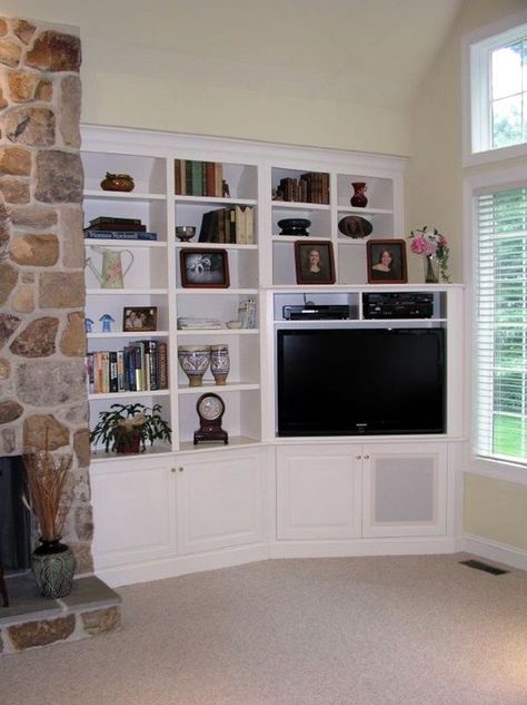 Unique Tv Wall Unit Setup Ideas (12) Corner Mounted Tv, Corner Entertainment Center, Corner Built In, Corner Tv Cabinets, Tv Stand Bookshelf, Bookshelves With Tv, Tv Built In, Corner Tv Unit, Corner Bookshelves