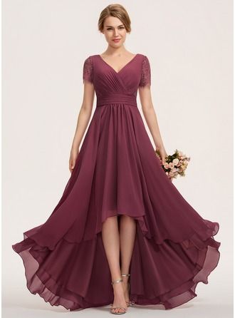 A-Line V-neck Asymmetrical Chiffon Lace Evening Dress With Ruffle (017237015) - JJ's House Empire Waist Bridesmaid Dresses, Lace Chiffon Bridesmaid Dress, Princess Bridesmaid Dress, Sweetheart Bridesmaids Dresses, Knee Length Bridesmaid Dresses, One Shoulder Bridesmaid Dresses, Sleeveless Bridesmaid Dresses, Ruffle Fabric, Lace Bridesmaids