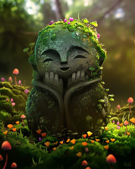 Jizo Statue, Illustration Procreate, Fantasy Forest, Stone Statues, Cool Wallpapers Cartoon, Picture Illustration, Fantasy Art Landscapes, Plant Illustration, Environment Concept Art