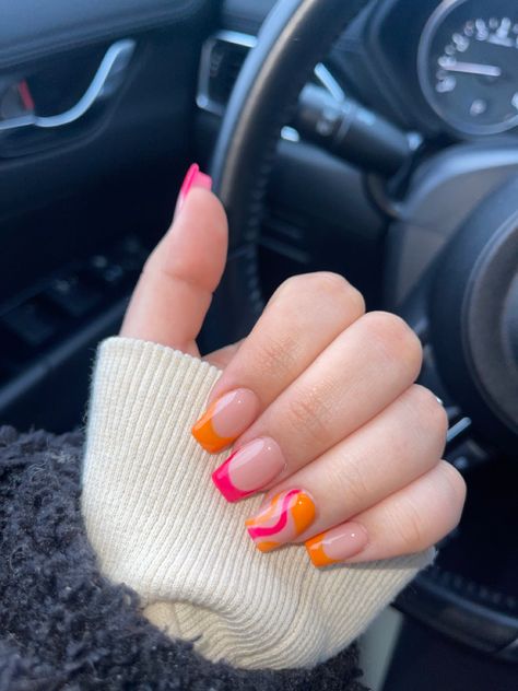 Summer Nails Pink And Orange French Tips, Orange Summer Nails Square, Pink And Orange French Tip Nails Square, Orange Square Nails Short, Orange And Pink Nails Square, Pink White And Orange Nails, Vacation Nails French Tips Tropical, Tropical Vacation Nails Coffin, Summer Nails Square Bright