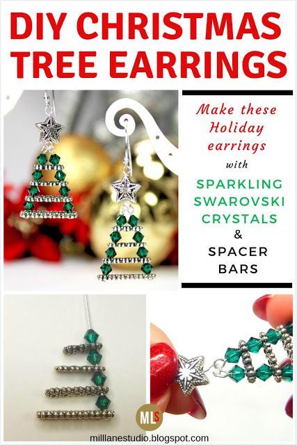 Wow! These easy DIY Evergreen Christmas Tree Earrings are such a surprise. They're made by stringing spacer bars of graduated sizes with Swarovski crystals to create the tree shape. Such a clever way to use jewellery findings! #jewelrymaking #Christmasearrings #holidayearrings #jewelrytutorial Christmas Jewelry Diy, Evergreen Christmas, Christmas Jewellery, Crystal Christmas Tree, Silver Gift Wrap, Tree Earrings, Christmas Tree Earrings, Navidad Diy, Natural Stone Jewelry