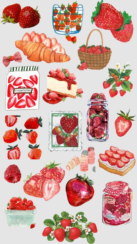 #strawberry #red #coquette #vintage #strawberryaesthetic Strawberry Collage, Strawberry Picnic Aesthetic, Food Collage, Strawberry Art, Fruits Drawing, Food Wallpaper, Scrapbook Stickers Printable, Winter Wallpaper, Pop Up Book