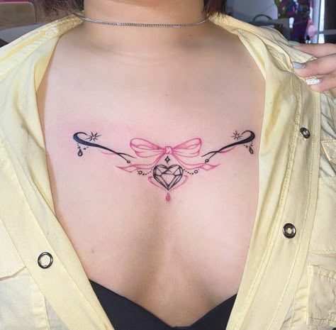 Succubus Tattoo Ideas, Succubus Womb Tattoo Meanings, Pink Tattoo Aesthetic, Succubus Tattoo, Small Shoulder Tattoos, Pink Tattoo, Bow Tattoo, Tattoos Inspo, Chest Tattoos For Women