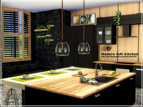 Sims 4 Modern Kitchen, Modern Loft Kitchen, Sims Interior, Wallpaper For Kitchen, Sims 4 Kitchen, Kitchen Design Inspiration, Loft Kitchen, Dark Kitchen, Student House