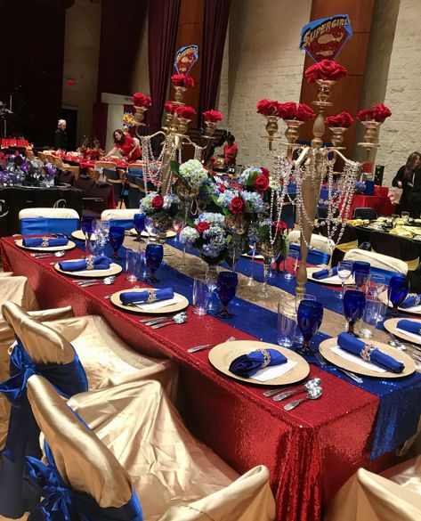 Blue And Gold Table Decor, Blue And Gold Table Setting, Red Quince Decorations, Red Quince Theme, Blue Quinceanera Theme, Blue Table Decorations, Red Quinceanera Ideas, Spiderman Theme Party, Royal Blue Quince