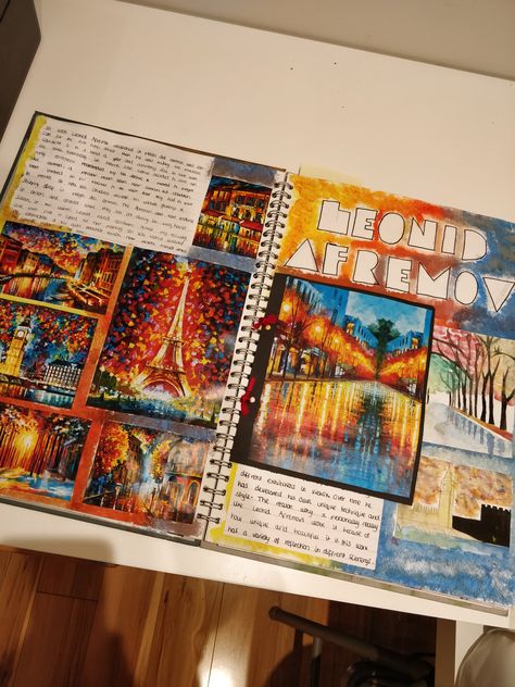 Leonid afremov- my response A Level Art Sketchbook Landscapes, Colour Art Page Gcse, Artist Response Page, Development Page Gcse Art, Art Cba Ideas, Colourful Artist Research Page, Artist Response Page Gcse, Art Research Page Sketchbook Ideas, Colour Theory Gcse Art