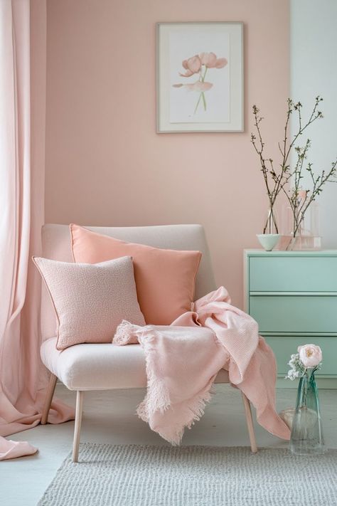 Incorporate soft pastel colors like blush pink, lavender, and mint green into your decor for a light and airy aesthetic. These delicate hues can be used on walls, furniture, or accessories like throw pillows and vases to add subtle color without overpowering the space. Perfect for bedrooms, nurseries, or living areas. 🌸🎨 #PastelHomeDecor #SoftPalette #AestheticVibes Mint Green Bedroom, Pastel Pillows, Mint Green Aesthetic, Pastel Home Decor, Pink And Mint, Soft Pastel Colors, Pastel Palette, Pink Lavender, Bedroom Green