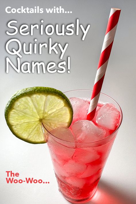 Pinterest image: photo of a Woo Woo cocktail with caption reading "Cocktails with Seriously Quirky Names" Fun Cocktail Names, Cocktail Names Creative, Funny Cocktail Names, Mocktail Names, Between The Sheets Cocktail, Rhyming Names, Funny Cocktails, Restaurant Drinks, Cocktail Names