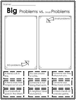 Two cut-and-paste worksheets for young elementary students to help them distinguish between small problems and big problems. The first sheet is appropriate for late kinder-1st grade students; the second sheet is appropriate for 2nd-3rd grade students. Big Vs Small Problems Activities, Big Problem Vs Little Problem, How Big Is My Problem, Sel 3rd Grade, Size Of The Problem, Problem Solving Model, Mental Health Activities, Elementary Counseling, Social Emotional Learning Activities