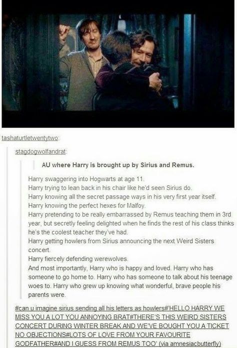 If Harry was raised by Sirius and Remus. This makes me really upset. Peter Pettigrew you ass you ruined it! Sirius And Remus, Scorpius And Rose, Citate Harry Potter, Maxon Schreave, About Harry Potter, Yer A Wizard Harry, Amazing Books, Movies Quotes, Jim Caviezel