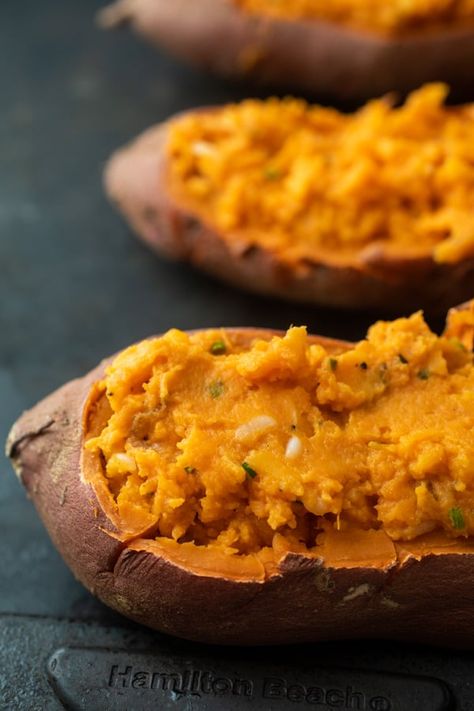 These are the ultimate double baked Sweet Potatoes! Packed with cheese, bacon, and herbs, these are the perfect side dish to almost any meal! macheesmo.com #sweetpotatoes #baked #bacon Hassleback Sweet Potatoes, Cooked Sweet Potatoes, Double Baked Potatoes, Sweet Potato Recipes Baked, Baked Sweet Potatoes, Sheet Pan Dinners Chicken, Sweet Potato Skins, Baked Bacon, Baked Sweet Potato