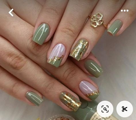 Olive And Pink Nails, Green Pink And Gold Nails, Green Pink Gold Nails, Green And Gold Nail Designs Short, Fairy Nails Acrylic Short, Olive Green And Pink Nails, Green Nail Color Ideas, Short Olive Green Nails, Nail Designs Green And Gold