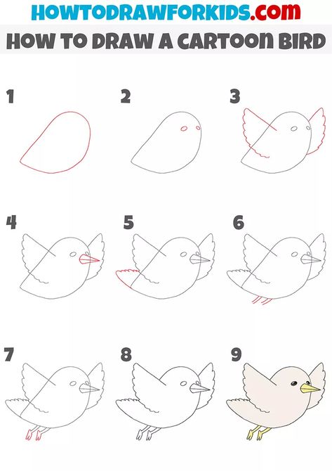 How to Draw a Cartoon Bird Step by Step - Easy Drawing Tutorial Birds Drawing Step By Step, How To Draw A Bird Easy, Bird Drawings Easy Step By Step, Easy Bird Drawing, Bird Drawing Tutorial Step By Step, Basic Bird Drawing, How To Draw A Bird, Bird Doodles Simple How To Draw, How To Draw Birds Step By Step Simple