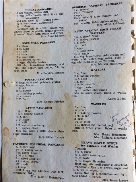 Vintage Breakfast Recipes, Sunday Pancakes, Waffles Breakfast, Written Recipes, Pancake Recipes, Heirloom Recipes, Oatmeal Pancakes, Handwritten Recipes, Potato Pancakes