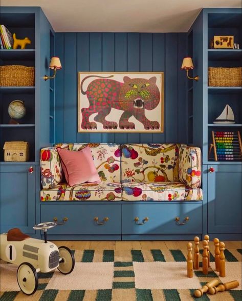 Playroom And Tv Room Combo, Victorian Home Remodel, Fun Playroom Ideas, Bonus Room Playroom, Big Kids Playroom, Playroom Paint, Blue Playroom, Eclectic Kids Room, Loft Playroom