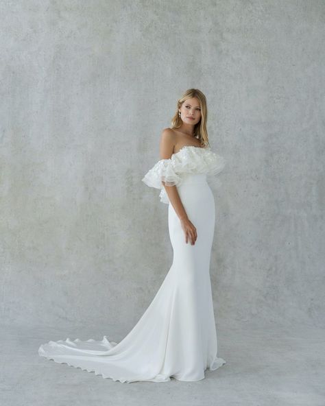 Big Shoulder Wedding Dress, Bow Tie Shoulder Wedding Dress, Off-shoulder Ruffle Wedding Dress, Chic Off-shoulder Voluminous Dresses, Off-shoulder Pre-draped Wedding Dress, One-shoulder Wedding Dress With Bow, Silk Crepe Wedding Dress, Alexandra Grecco, Blush Gown