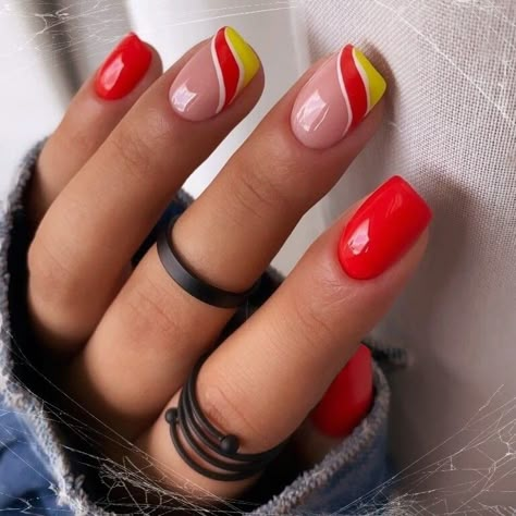 Short Red And Yellow Nails Short Almond Nails Autumn, Oval Nails Pastel, Summer Acrylic Nails Ombre, Nails Designs Oval, Almond Nails Autumn, Acrylic Nails Short Coffin, White Nails Gel, Gel Nails Matte, Bright Summer Acrylic Nails