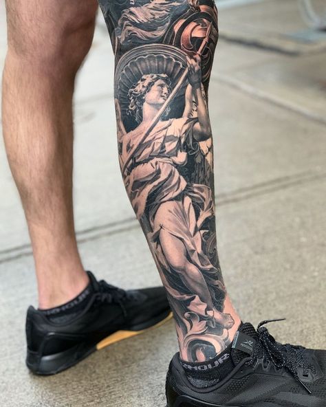 Statue Leg Tattoo, Roman Leg Sleeve Tattoo, Greek God Leg Tattoo, First Time Tattoo Ideas Men, Roman Leg Sleeve, Religious Leg Sleeve Tattoo, Greek Leg Sleeve, Greek Mythology Leg Sleeve, Leg Sleeve Tattoo Male