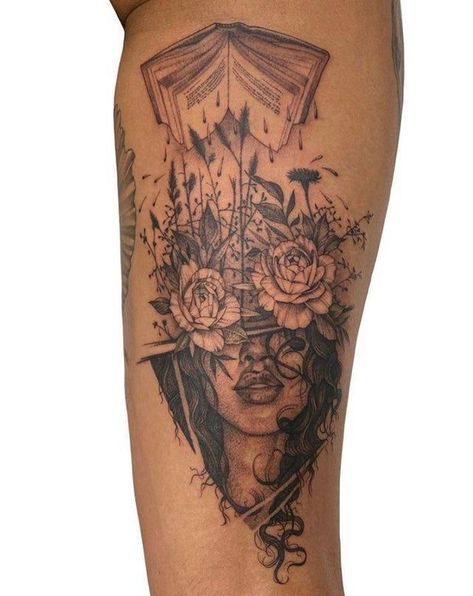 Literary Sleeve Tattoo, Book Leg Sleeve Tattoo, Book And Flower Tattoo Sleeve, Bookworm Tattoos For Women, Woman Book Tattoo, Self Love Sleeve Tattoo, Half Sleeve Book Tattoos For Women, Book Back Tattoo, Booklover Tattoo Sleeve