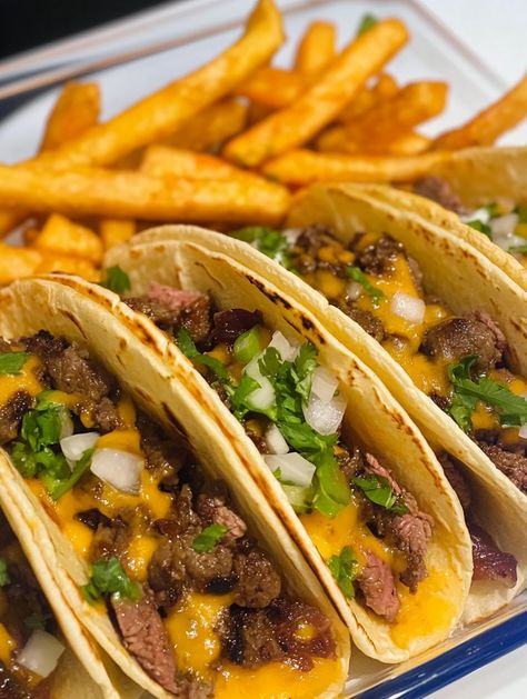 Cheese Steak Tacos with Buffalo Fries Cheese Steak Tacos, Steak Tacos Recipes, Taco Fries, Steak Taco Recipe, Steak Taco, Buffalo Fries, Seasoned Ground Beef, Homemade Buffalo Sauce, Cheese Tacos