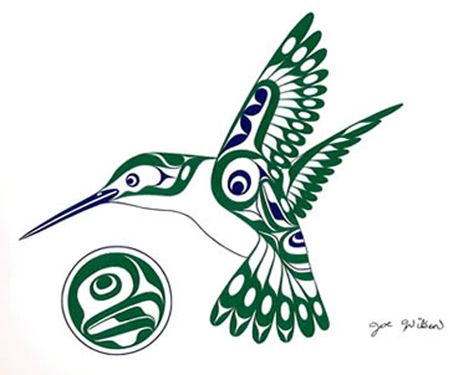 In eastern Brazil, Hummingbird is the character who hoarded water so that the people had none at all until the Caingang and Botocudo Indians released it. Description from vanishingtattoo.com. I searched for this on bing.com/images Arte Haida, Native Artwork, Pacific Northwest Art, Haida Art, Wilson Art, Native American Symbols, Hummingbird Art, Inuit Art, Art Premier