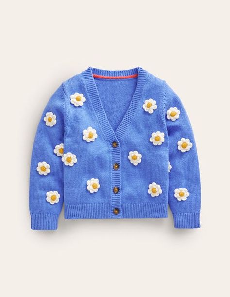 A seriously soft blend of cotton and wool combined with a joy-inducing motif makes one guaranteed Mini-approved style in the form of this cosy cardigan. Strawberry Crochet, Cosy Cardigan, Wave Sweater, Daisy Crochet, Boden Kids, Bright Fashion, Crochet Wool, Applique Shirts, Fun Crochet