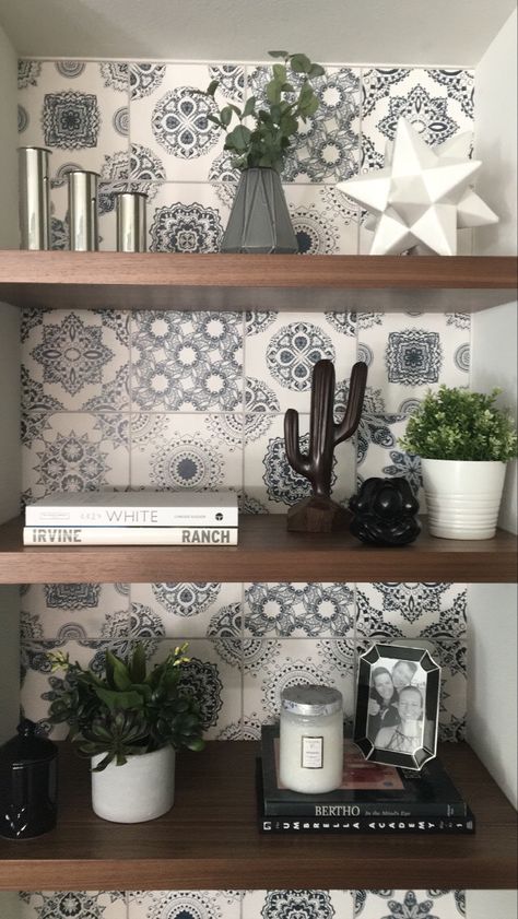 Portuguese Decor Living Rooms, Portuguese Living Room, Floating Shelves With Wallpaper, Wallpaper Behind Floating Shelves, Portuguese Decor Inspiration, Portuguese Tile Kitchen, Portuguese Tile Kitchen Backsplash, Bathroom With Portuguese Tiles, Portuguese Wallpaper