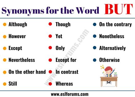 BUT Synonym: 16 Alternative Ways to Say BUT with Examples - ESL Forums Another Word For But, Ways To Say But, Instead Of But, Alternative Words, Essay Writing Skills, English Writing Skills, Words To Use, Learn English Vocabulary, English Vocabulary Words Learning