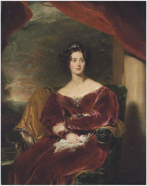 Sir Thomas Lawrence, P.R.A. (Bristol 1769-1830 London) Portrait of Mary, Countess of Wilton (1801-1858), three-quarter-length, seated, in a red velvet dress with a brooch, a landscape beyond Sir Thomas Lawrence, Kingston Lacy, George Romney, Thomas Lawrence, William Hogarth, 19th Century Portraits, Thomas Gainsborough, Dante Gabriel Rossetti, John Everett Millais