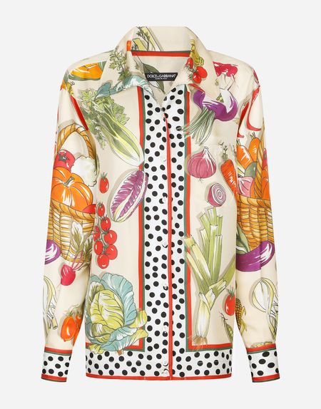 Womens Luxury Clothing | Dolce&Gabbana Dolce And Gabbana 2023, Sixties Aesthetic, Vegetable Print, Vegetable Prints, Printed Silk Shirt, Twill Shirt, White Shirts, Textile Prints, Dolce & Gabbana