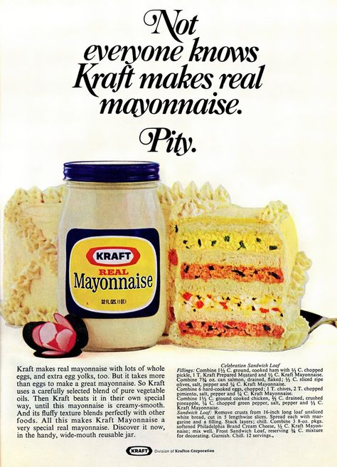 Celebration sandwich loaf: A layered lunch for a party (1973) 1 Ugly Food, How To Make Mayonnaise, Sandwich Loaf, Cold Sandwiches, Party Sandwiches, Hard Cooked Eggs, Sandwich Cake, How To Cook Ham, Loaf Recipes