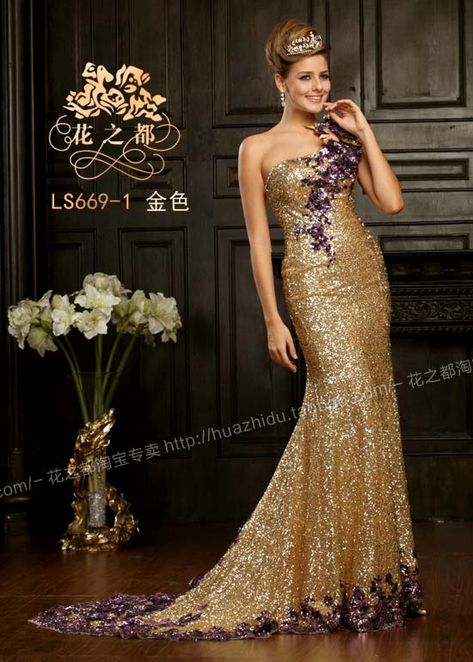 One Shoulder purple gold sequins dress luxury evening dress ... Purple And Gold Wedding Dress, Gold Evening Dress, Gold Evening Gown, Gold Outfits, Purple Bodycon Dresses, Purple And Gold Wedding, Dinner Gowns, Purple Wedding Dress, Purple And Gold Dress