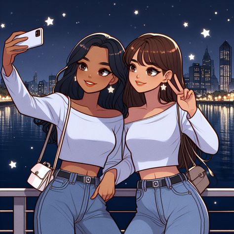 Anime Besties Aesthetic, Best Friends Photos Black, 2 Bff Anime, Two Besties Cartoon, Bff Animation, Bestie Illustration, Two Besties Aesthetic, Two Besties Drawing, Two Sisters Art