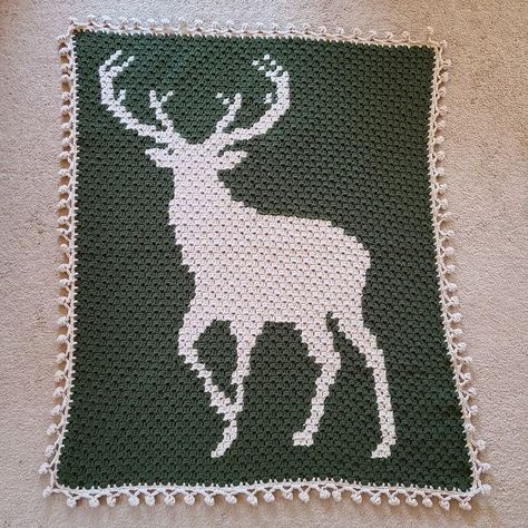 A c2c crochet blanket. Filet Crochet Deer Patterns Free, Deer Afghan Crochet Pattern Free, Crochet Reindeer Blanket, C2c Deer Blanket, Hunting Crochet Blanket, Corner To Corner Crochet Pattern Free Animals, Corner To Corner Christmas Blanket, Corner 2 Corner Crochet Pattern Free, Crochet C2c Blanket Pattern Free