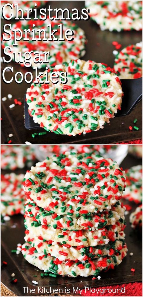 Christmas Sprinkle-Coated Sugar Cookies with Red, Green, and White Sprinkles Sugar Cookie Dough Recipe, Chewy Sugar Cookie Recipe, Christmas Cookies Kids, Sugar Cookies With Sprinkles, Amazing Cookie Recipes, Christmas Cookie Recipes Holiday, Favorite Christmas Recipes, Best Sugar Cookie Recipe, Seasonal Desserts