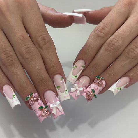 ig: _grabbersbydrea Pink Cherry Nails, Multi Color Nails, Nails With Flowers, Evil Eye Nails, Makeup Nails Designs, Vintage Nails, Cherry Nails, Girly Acrylic Nails, Glow Nails