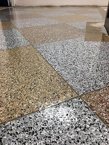 Checkerboard Epoxy Flake Floor- Domino with Red and  JQ Almond with Creek Bed Chips Floor Design, Raam Ji, 20x40 House Plans, How To Lay Tile, Marble Flooring Design, 3d Epoxy, Epoxy Floors, Woodworking Garage, Interior Ceiling