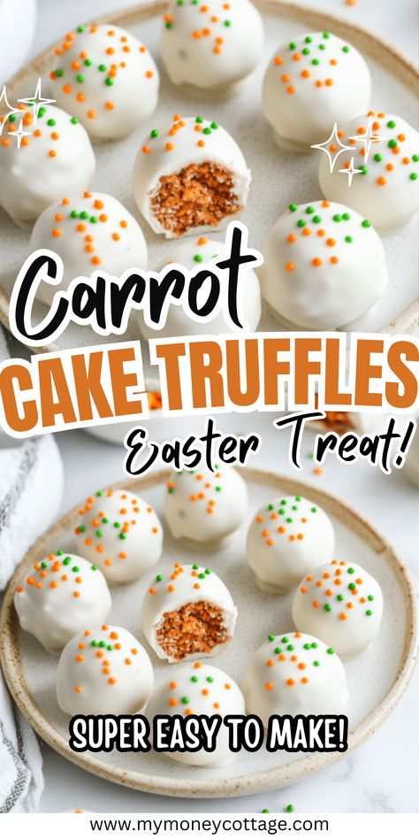 These carrot cake truffles are a bite-sized Easter treat you’ll love! Made with moist carrot cake and coated in smooth white chocolate, they’re packed with warm spices and a hint of cream cheese frosting. Perfect for Easter brunch, spring dessert tables, or gifting in cute treat boxes. Save this pin for an easy no-bake dessert that’s great for meal prep! Whether you need quick Easter desserts, healthy sweet treats, or simple no-bake bites, these truffles are a must-try. Easter Bake Sale Treats, Easter Desserts To Sell, Easter Chocolate Covered Treats, Easter Healthy Treats, Easter Dessert Boxes, Easter Desserts Healthy, Easter Bake Sale Ideas, Quick Easter Desserts, Easter Treats To Sell