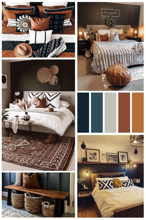 Southwestern Bedroom, Bedroom Ideas Modern, Navy Bedrooms, Paint Bedroom, Western Bedroom Decor, Decorate Bedroom, Bedroom Orange, Bedroom Wallpaper, Master Room