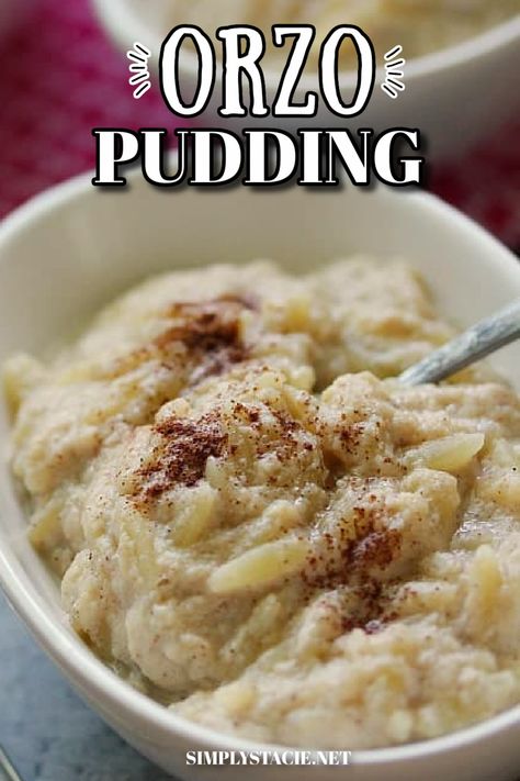 A white oval bowl with Orzo Pudding. Orzo Dessert Recipes, Italian Rice Pudding, Easy Rice Pudding, Creamy Orzo, Orzo Recipes, Breakfast Dinner, Cinnamon Flavor, Rice Pudding, Pudding Recipe