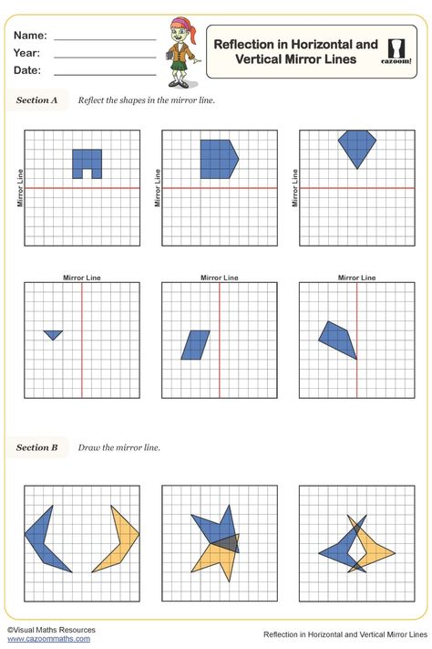 Enhance your geometry skills with this engaging worksheet on Reflection in Horizontal and Vertical Mirror Lines. Ideal for students seeking to master the art of reflecting shapes accurately in mirrors, as well as understanding the process of drawing mirror lines to create perfect symmetry between objects and their images. Elevate your understanding of geometric concepts in a fun and interactive way. Perfect for classroom learning or at-home practice sessions. Jumpstart your journey towards maste Year 9 Maths Worksheets, Ks3 Maths Worksheets, Year 8 Maths Worksheets, Ks1 Maths Worksheets, Year 6 Maths Worksheets, Year 2 Maths Worksheets, Year 5 Maths Worksheets, Year 7 Maths Worksheets, Year 4 Maths Worksheets