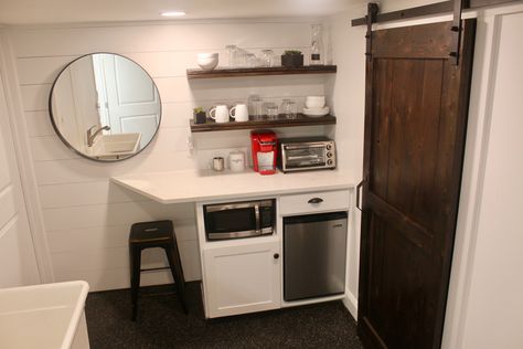 No Sink Kitchenette, Kitchenette No Sink, Kitchenette Ideas Guest Suite Mini Kitchen, Kitchenette Remodel, Airbnb Kitchenette, Basement Airbnb, In Law Suite Addition, Shelves On The Wall, Basement Rental