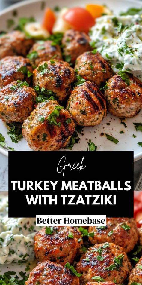 These Greek Turkey Meatballs with Tzatziki are a healthy and flavorful dish featuring lean turkey, fresh herbs, and a creamy yogurt sauce.  Perfect for meal prep or a balanced dinner, this recipe captures the essence of Mediterranean cuisine at your table. Turkey Meatball Pita, Greek Turkey Meatballs With Tzatziki, Turkey Patty Recipes, Sauce For Turkey Meatballs, Greek Turkey Meatballs, Chicken Gyro Recipe, Greek Turkey, Trendy Recipes, Chicken Gyro