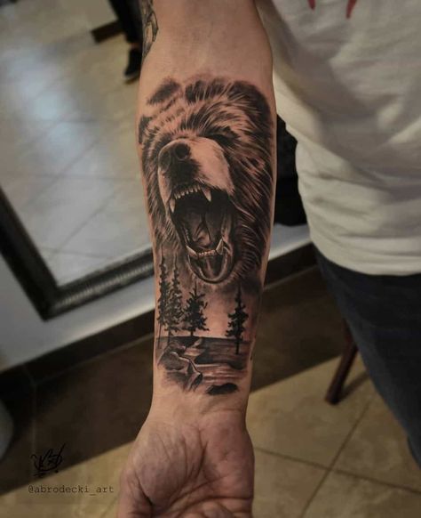 Top 47+ Best Black Bear Tattoo Ideas - [2021 Inspiration Guide] Men Bear Tattoo Ideas, Men Bear Tattoos, Grizzly Bear Forearm Tattoo, Tattoo Ideas For Men Animals, Men’s Bear Tattoo, Animal Arm Tattoo Men, Cool Bear Tattoos, Bear Side Profile Tattoo, Bear Leg Tattoo Men